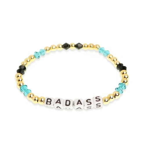 Gold Beaded Stretch Bracelets for Women Badass Letter Crystal Green Beads Bracelet