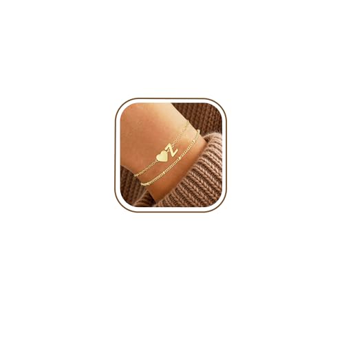 Image of Smilya Gold Bracelets for Women Heart Initial Bracelets Hypoallergenic A-Z Initial Heart Bracelet Gold Double Letter Name Bracelets for Womens Girls Birthday Gifts