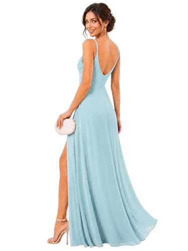 Image of Ever-Pretty Women's Summer Backless Spaghetti Straps Bridesmaid Dresses Chiffon V-Neck Slit Long Formal Wedding Guest Dress