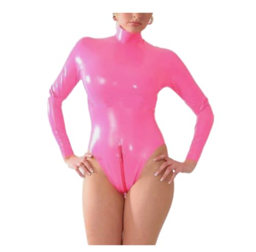 Maillot de bain en latex rose pour femme vêtement en caoutchouc avec fermeture éclair