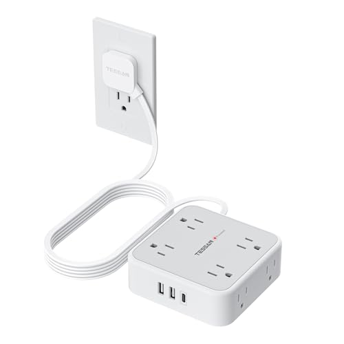 TESSAN 10 Ft Surge Protector Power Strip, 3 USB(1 USB C) 8 Outlets, Flat Plug Extension Cord with Multiple Outlets, 900J Protection, Desk Charging Station for Home, Dorm Room Essentials, Gre