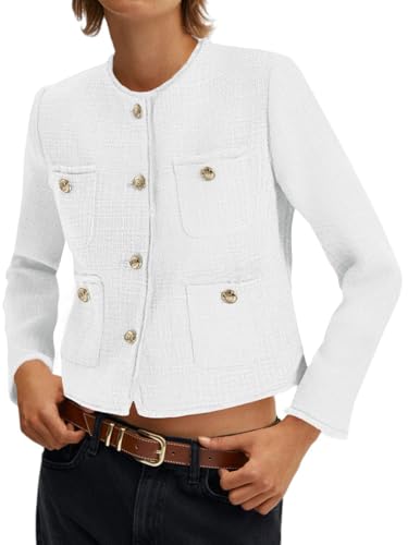 Cicy Bell Cropped Blazers for Women Business Casual Tweed Collarless Button Down Womens Jackets