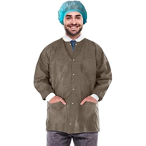 EZGOODZ Disposable Lab Jackets, 32" Long. Pack of 10 Coffee Hip-Length Work Gowns X-Large. SMS 50 gsm Shirts with Snaps Front, Knit Cuffs & Collar, 3 Pockets. Unisex PPE Body Protective Short Coats Cover