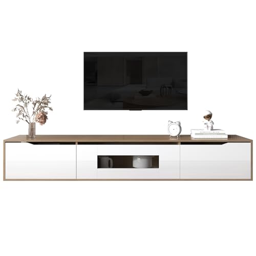 HAINEW 1800mm LED TV Stand with Colour-Changing LED Lights,Modern High-Gloss TV Cabinet with Storage Furniture for 32 40 43 50 55 60 65 inch 4k TV.(White and wood color)