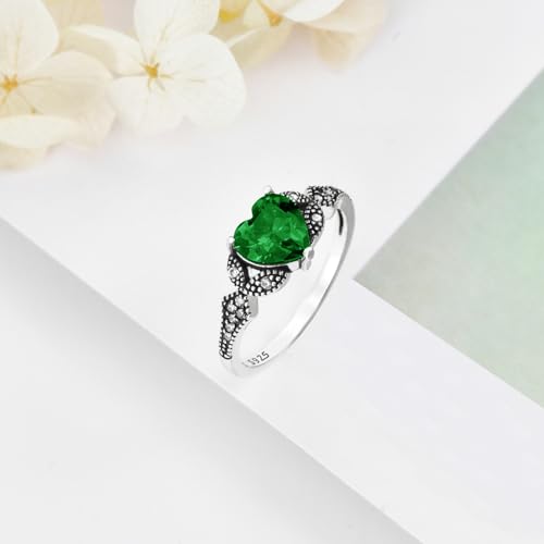 AOBOCO 2ct Vintage Birthstone Heart Ring 925 Sterling Silver Retro Oxidized Band Ring with Crystal from Austria, Birthday Anniversary Jewelry Gifts for Women Her4