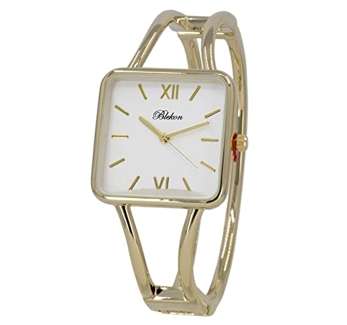 Blekon Collections Womens 30mm Square Elegant Metal Cuff Bangle Fashion Watch (Gold)