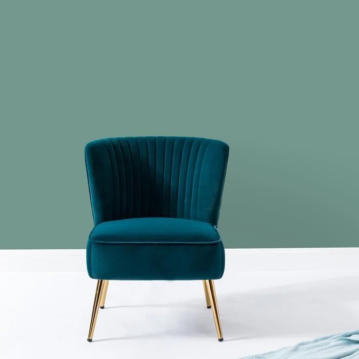 Image of Modern Upholstered Accent Velvet Chair Single Seater Channel Tufted Wing Back Chair with Golden Matel Legs for Living Room, Bedroom, Dining Room, Teal