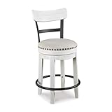 Signature Design by Ashley Valebeck | Modern Swivel 24.5' Counter Height Barstool – Rustic-Industrial Whitewash, Upholstered Cushion, 360° Swivel, Nailhead Trim