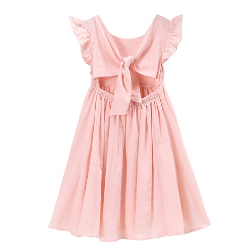 IZYJOY Girls Cotton Dress Tie Back Ruffle Sleeveless Sundress Summer Casual Beach A-Line Swing Solid Midi Dresses