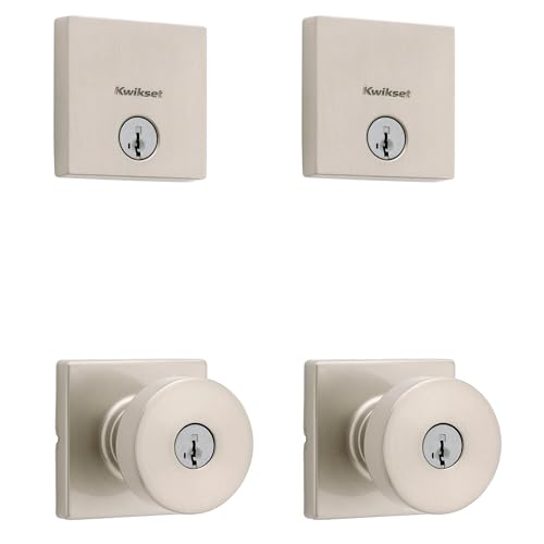 Image of Kwikset Pismo Square Front Door Lock Handle and Deadbolt Set, Entry Exterior with Interior Door Knob, Satin Nickel, Project Pack, Pick Resistant SmartKey Rekey Deadbolt Security