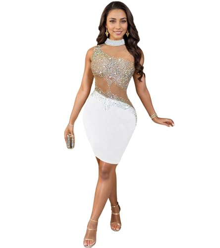 Image of Jigfar Women's Sexy Rhinestone Sheer Mesh See Through Bodycon Dress Birthday Party Club Night Outfits