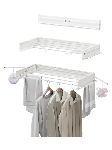 JOOM Laundry Drying Rack Collapsible, Wall Mounted Drying Rack, Clothes Drying Rack, 31.5" Wide, 5 Aluminum Rods, 60 lb Capacity (White 31.5" with Hooks)