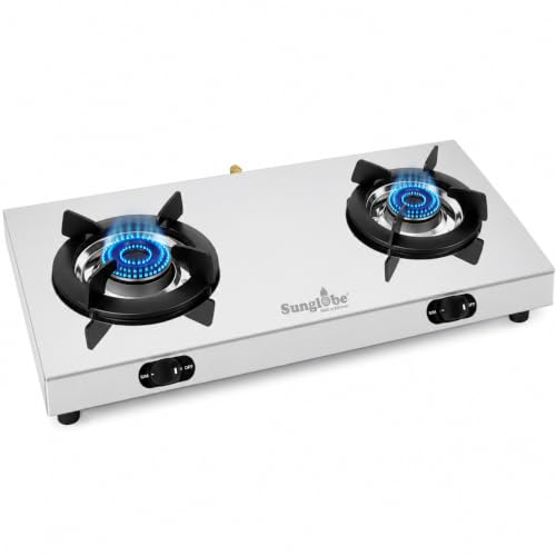SunGlobe Aura 2 Burner Gas Stove with Brass Burners, Stainless Steel | Ultra slim steel body, Up to 74% efficient brass burners, ISI certified, 2-year warranty