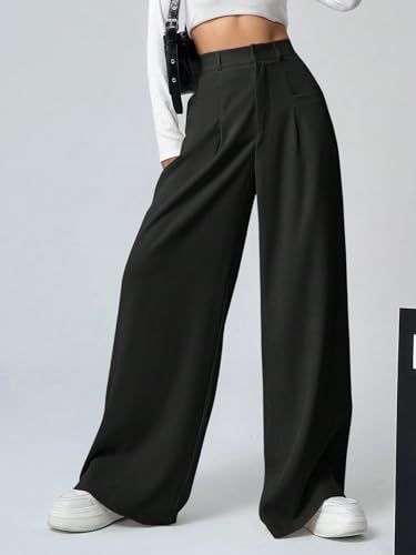 Image of Shasmi Women's Loose Mid Rise Solid, Pleated Trousers, Wide Leg Pocket Casual Long Korean Trousers Pant (146)