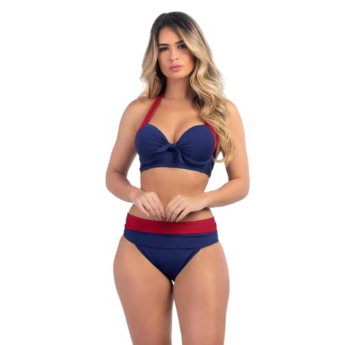 Biquíni Meia Taça Aro e Bojo Ótima Sustentação E Calcinha Hot Pant (M, Azul-marinho/Vermelho)