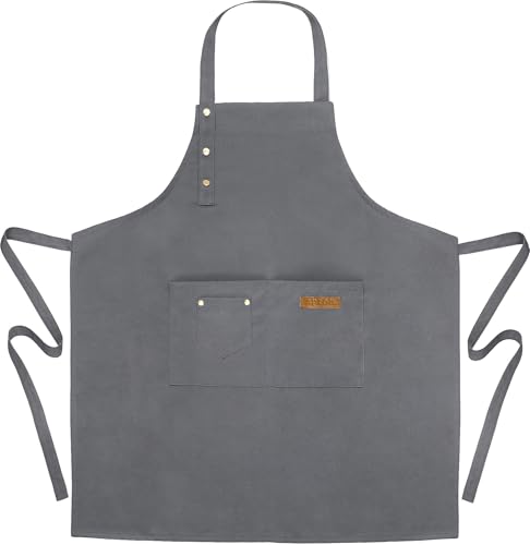 Liutufy Heavy Duty Waterproof Canvas Apron for Cooking Unisex Adjustable Kitchen Apron with Pockets for Chefs Baking BBQ and Home Use (Grey)
