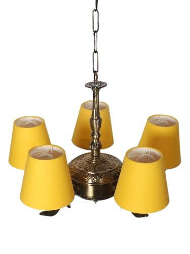 Image of Devansh 05 Lights Yellow conical Cotton Shade with Antique Golden Chandelier