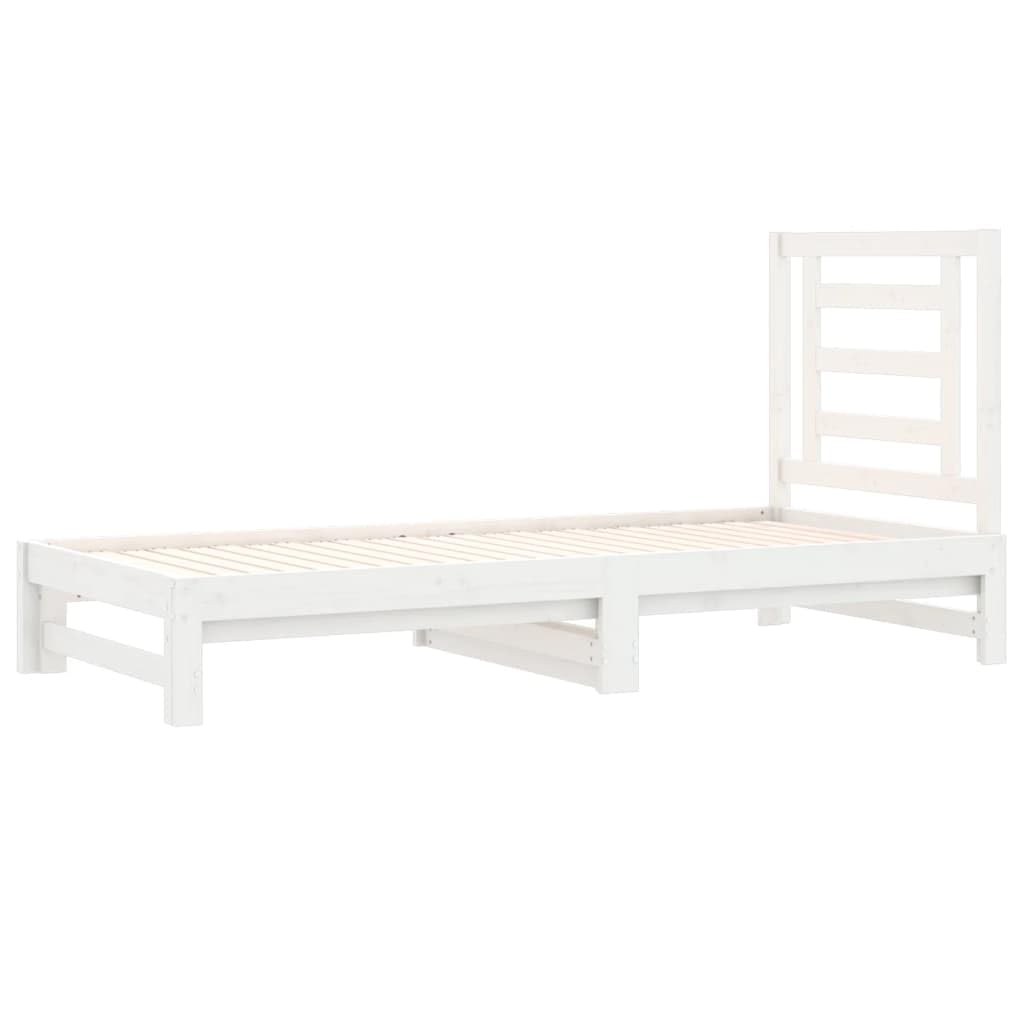 Wysuwane łóżko dzienne, białe, 2 x 90 x 190 cm, lite drewno sosnowe, łóżko do spania, łóżko dla gości z miejscem do przechowywania, stabilny drewniany stelaż do sypialni i salonu, zajmuje