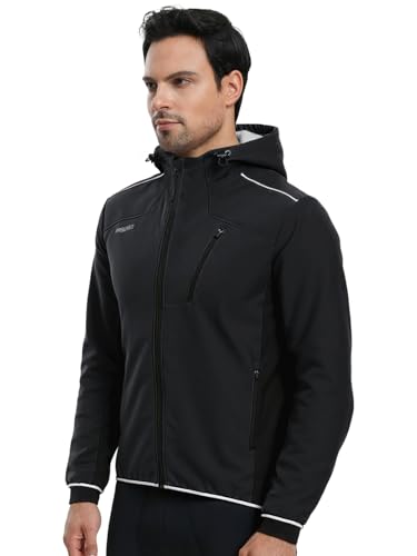 ARSUXEO Cycling Jacket Mens Winter Jacket with Hood Mountain Bike Windbreaker 3 Zipper Pockets for Golf Hiking Running Outdoor Activities 24F Black L