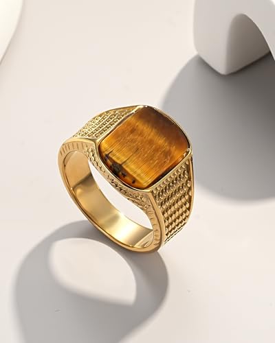 YeGieonr Tiger Eye Ring for Men, 18K Gold Plated Mens Signet Ring,Natural Tiger's Eye Gemstone Ring, Non-Tarnish Waterproof Gold Rings for Men, Gift for Him - Image 5