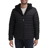 Calvin Klein Men's Hooded Down Jacket, Quilted Coat, Sherpa Lined, Black, Larg