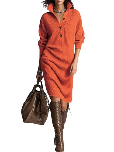 chouyatou Women's Fall Ribbed Knit Sweater Dresses Button Up Polo Collar Long Sleeve Knitted Midi Long Dress (X-Small, Orange)
