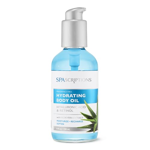 SpaScriptions Fragrance Free Hydrating Body Oil with Hyaluronic Acid & Retinol, Cruelty-Free, Nourishing, Spa-Like Treatment with Aloe Vera Extract to Moisturize Recharge & Soften, 8 oz.