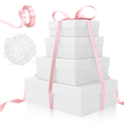 Paquete de 4 cajas de regalo cuadradas apilables con tapas, con rafia y cinta, cajas de regalo blancas escalonadas perfectas para propuestas, bodas, cumpleaños, novia, ducha, Navidad, día de la madre