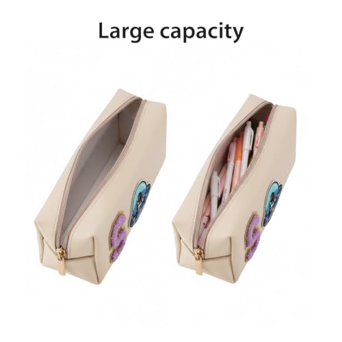 Image of AICA Gifts Personalized Leather Pencil Pouch (Cream) with Embroidered Alphabet & Patch | Pencil Pouch for Kids | Birthday Gift | Birthday Return Gift |Gift for Kids Age 6-10