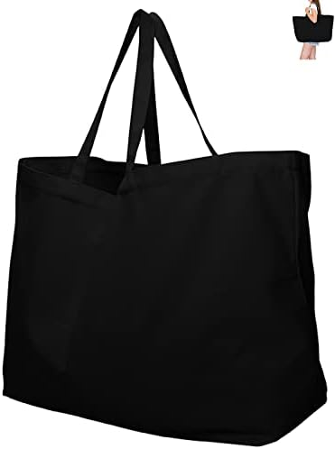 27" Large Canvas Tote Bag - Extra Big Largest Grocery Shopping Beach Reusable Totes Bags Vacation Plain Solid 27" X 16" X 8" (Black)