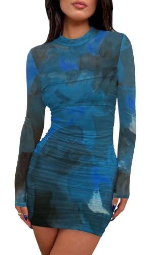 Women's Y2K Floral Print Mesh Sheer Long Sleeve Mini Dress Ruched Bodycon Spring Wedding Guest Dresses 2026 Cruise Outfits Date Night Birthday Dinner Girls Dresses Fall Plus Size Blue XL