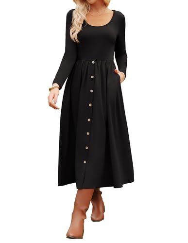 GRACE KARIN Damen Midi U-Ausschnitt Langarm A-Linie Kleid Winter...