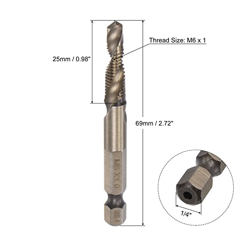 Uxcell Combination Drill And Tap Bit, 1/4" Hex Shank M6 X 1 Metric Titanium Coated High Speed Steel 6542 Spiral Flute Drilling Tapping Tool #TOP1