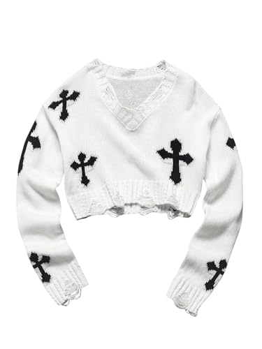 Girl's Gothic Graphic Sweater V Neck Ripped Pullover Sweater Distressed Long Sleeve Knit Crop Top