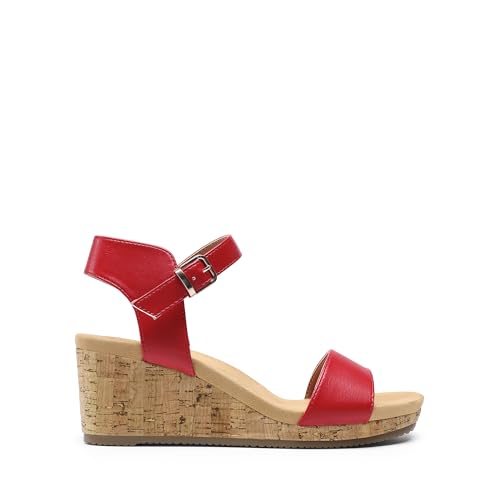 DREAM PAIRS DREAM PAIRS Women's Open Toe Buckle Ankle Strap Platform Wedge Sandals for Women Summer Dressy Shoes,Size 5.5,Red/Pu,NINI-8