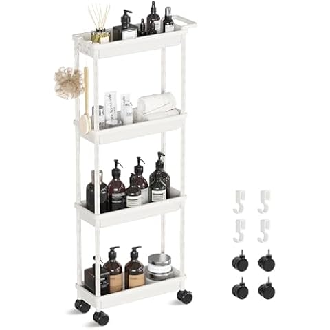 PouHenier.jh 4 Tier Small Slim Bathroom Storage Rolling Utility Cart Organizer, Detachable Narrow Caddy with Wheels for Dorm and Laundry, Skinny Sturdy Organization Trolley for Snack Craft Art (White) Cover