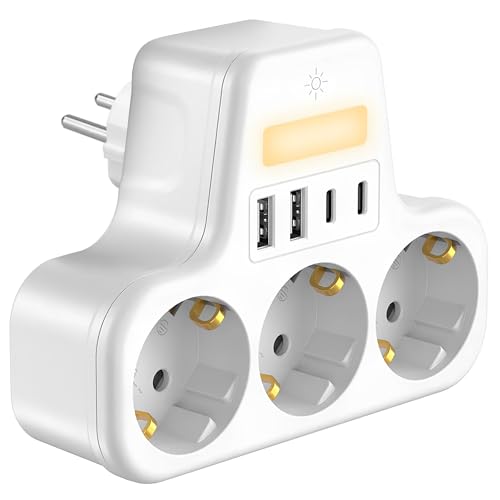 Zelkan Ladron Enchufes con USB y Luz Nocturna - Regletas Enchufes con 3 Tomas de Corriente en Horizontal - 2 USB-A, 2 USB-C - Regleta con Enchufe Multiple para Pared sin Cable - Base enchufes multiple