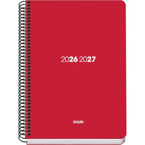 Dohe - School Planner 2026 2027 - September to June, Week to View, A5 (15x21 cm), Flexible Hard Plastic Cover, Spiral Binding, Spanish and English - Element Red