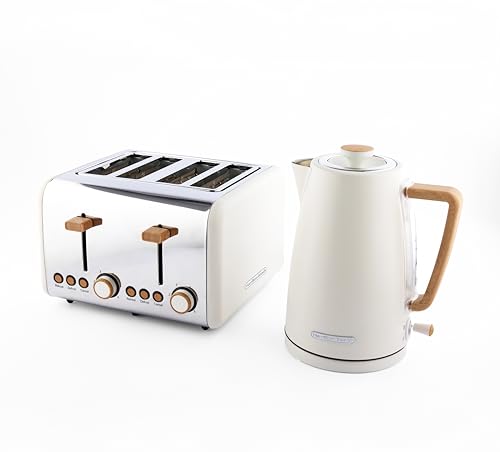 Hamilton Beach Kettle and Toaster Set, Scandi, Electric Kettle 1.7L, Wide Slot Toaster 4 Slice, Boil Dry Protection, 6 Variable Browning Levels, Cream - HB0102MCST