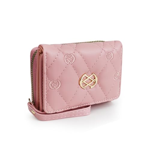 Women’s Small Wallets, Soft PU Leather Trifold Compact Wallet, Cute Card Holder Purse with Zip Pocket and Strap (Pink)