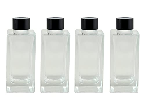 Lot de 4 Bouteilles en Verre pour diffuseur de roseaux de 150 ML, Contenant d'huile parfumée pour Parfum d'intérieur Vide (Cube rectangulaire, Capuchon Noir) Cover