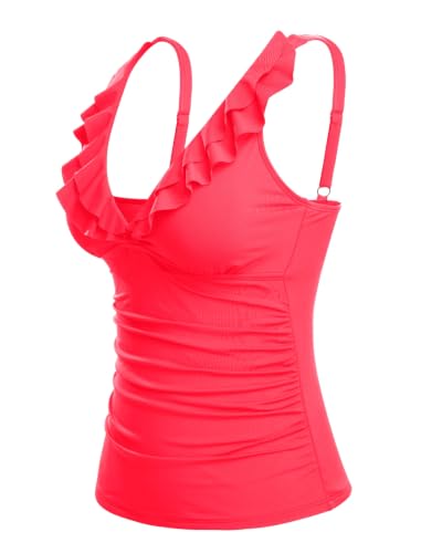 Image of Ruffle V Neck Tankini Top Only Women Tummy Control Swimsuit Tank Top | Removable cups for custom bust lift, Blend soft spandex to stretch easily