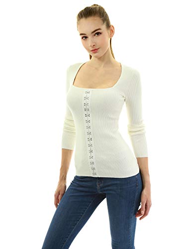 AmélieBoutik Women Square Neck Buckle Embellished Ribbed Sweater3