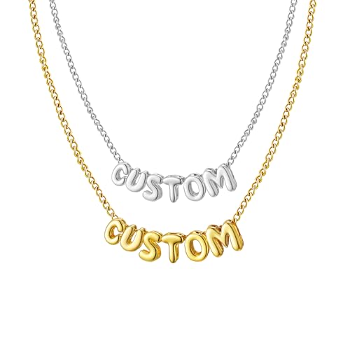 Ldurian Personalized Bubble Name Necklace, Tiny Name Plate Pendant Necklace, 14K Gold Plated Charm Cute Pre-made Jewelry for Women