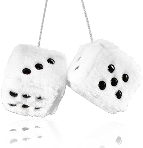 Pair 3” White with Black Dots Mirror Fuzzy Plush Dice, White and Black Soft Plush Car Decorative Hanging Ornament