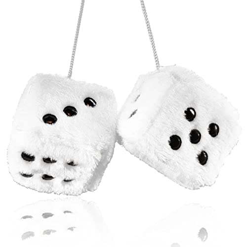 Pair 3” White With Black Dots Mirror Fuzzy Plush Dice, White And Black Soft Plush Car Decorative Hanging Ornament #TOP11