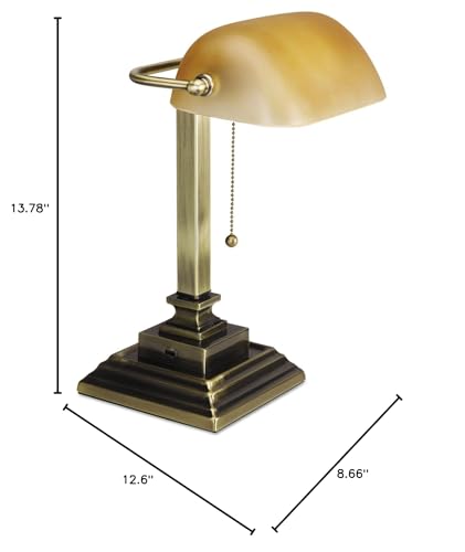 ALE Traditional Banker's Lamp w/USB, 16"High, Amber Glass Shade w/Antique Brass Base