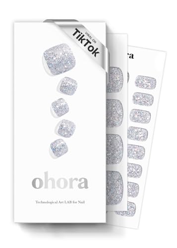 ohora Semi Cured Gel Pedi Strips (P Glitter Shower) - Silver, Glitter, Works with Any UV/LED Lamps, Salon-Quality, Long Lasting, Easy to Apply & Remove - Includes 2 Prep Pads, Nail File & Wooden Stick