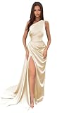 Miao Duo Womens Long Pleated Satin Wrap Bridesmaid Dresses with Slit Mermaid One Shoulder Formal Party Gowns Champagne 6
