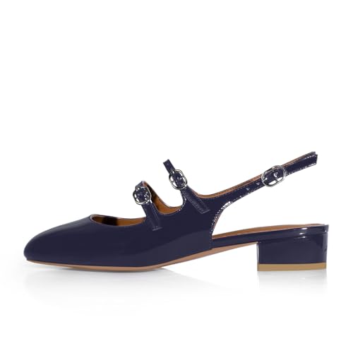 Image of anteikira Women's Round Toe Slingback Flats Closed Toe Double Strap Mary Jane Flats for Women 1 Inch Heel Dress Shoes Low Heel Causal Work Office Pumps for Women Size 5.5-12US